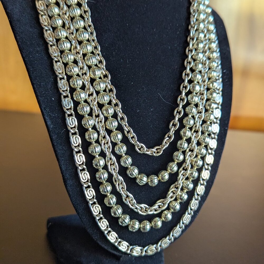 Vintage Coro Statement Necklace – 5-Strand Silver Tone Beaded & Chain Layered Co